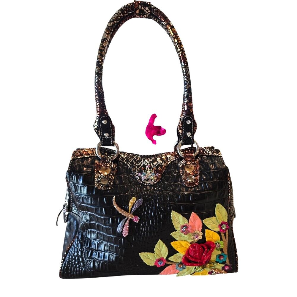 Black Crocodile embossed / dragonfly n flowers/ Michael Michelangelo purse